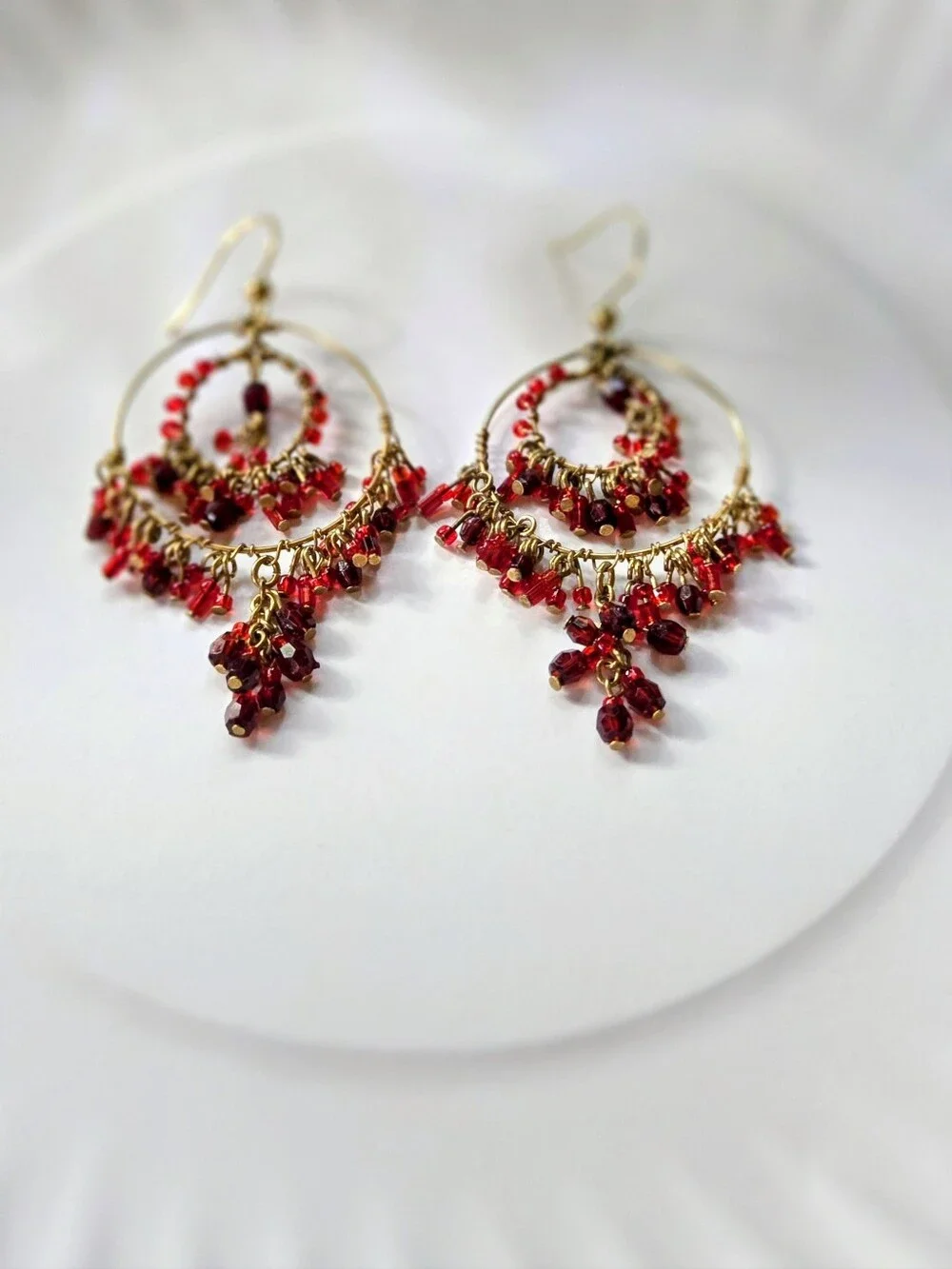 Vintage Gold Tone Hoop Chandelier Earrings with Red Beads